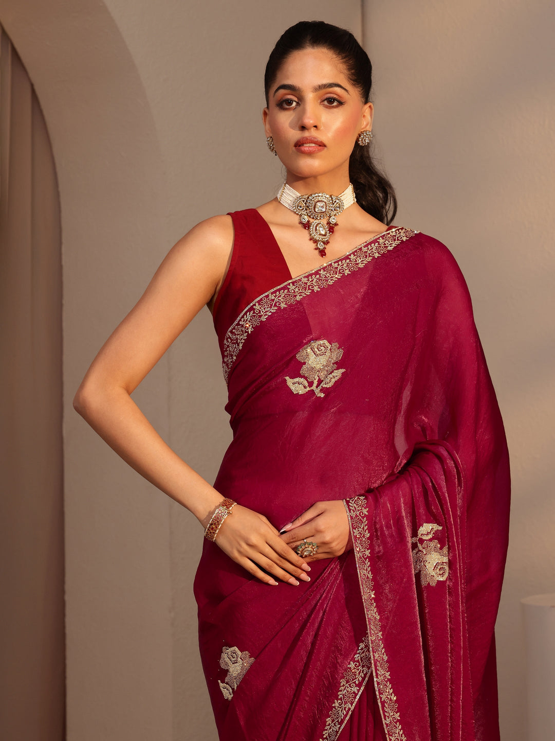 Libas Red Floral Embellished Tissue Saree