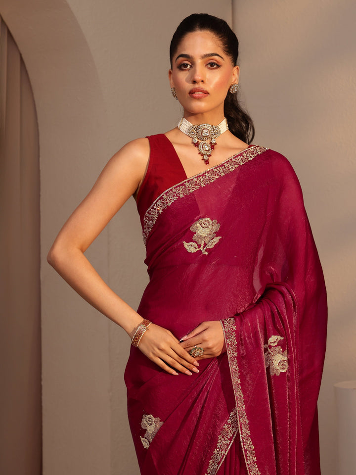 Libas Red Floral Embellished Tissue Saree
