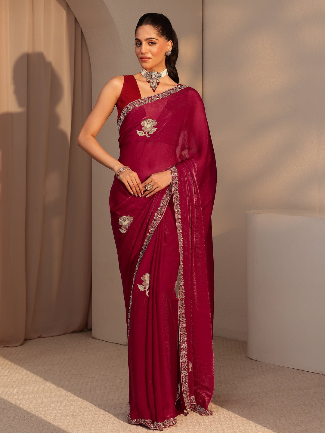 Libas Red Floral Embellished Tissue Saree