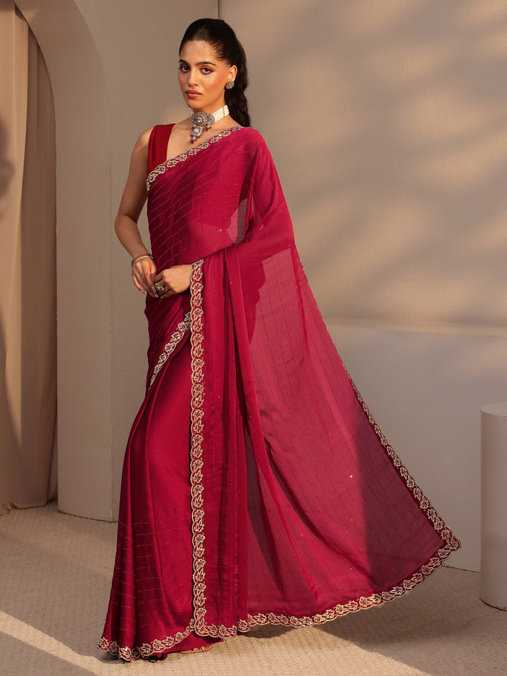 Libas Vermillion Red Embellished Chiffon Saree