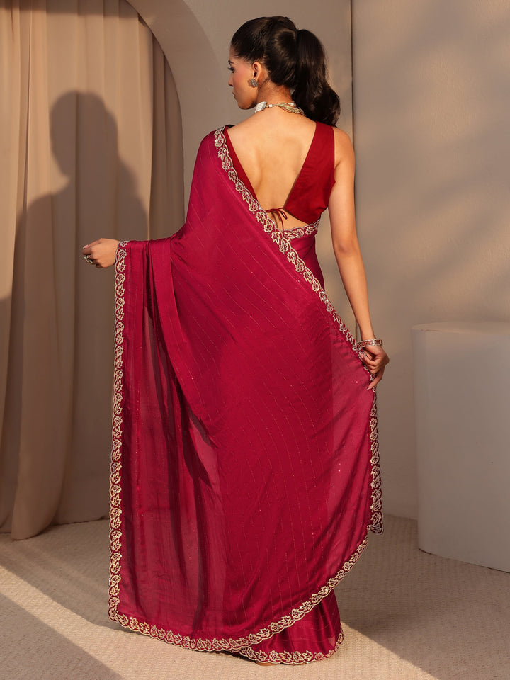 Libas Vermillion Red Embellished Chiffon Saree