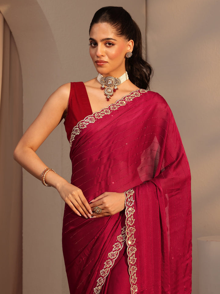 Libas Vermillion Red Embellished Chiffon Saree