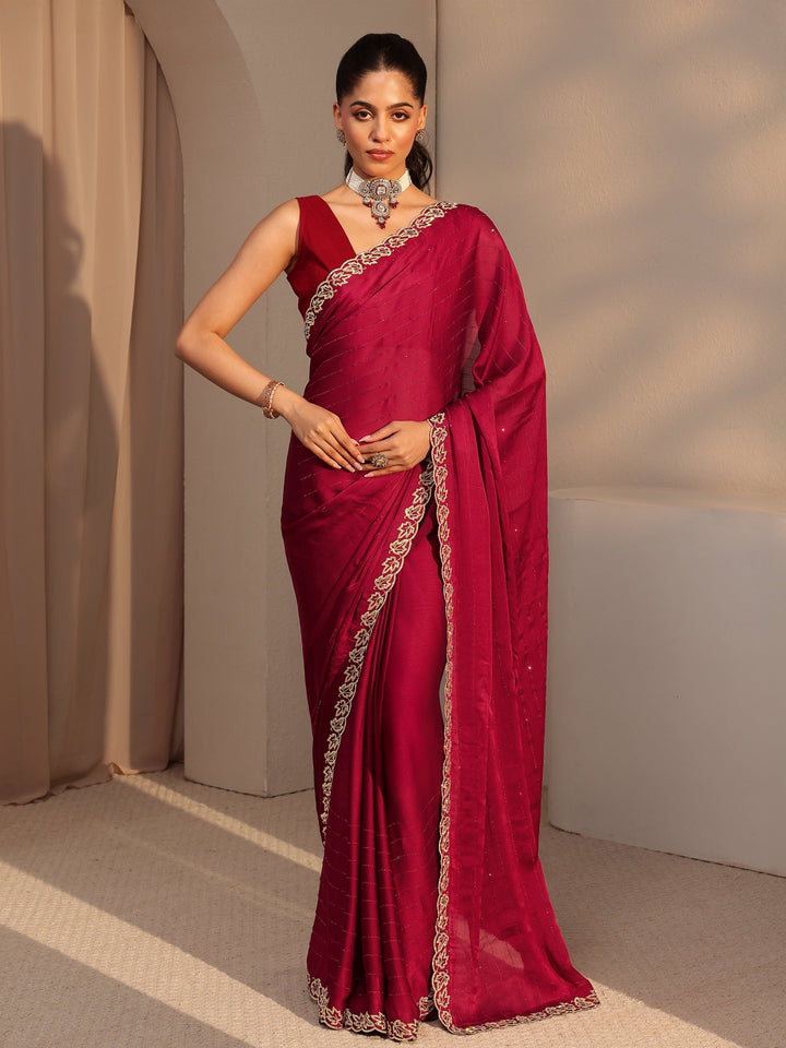 Libas Vermillion Red Embellished Chiffon Saree