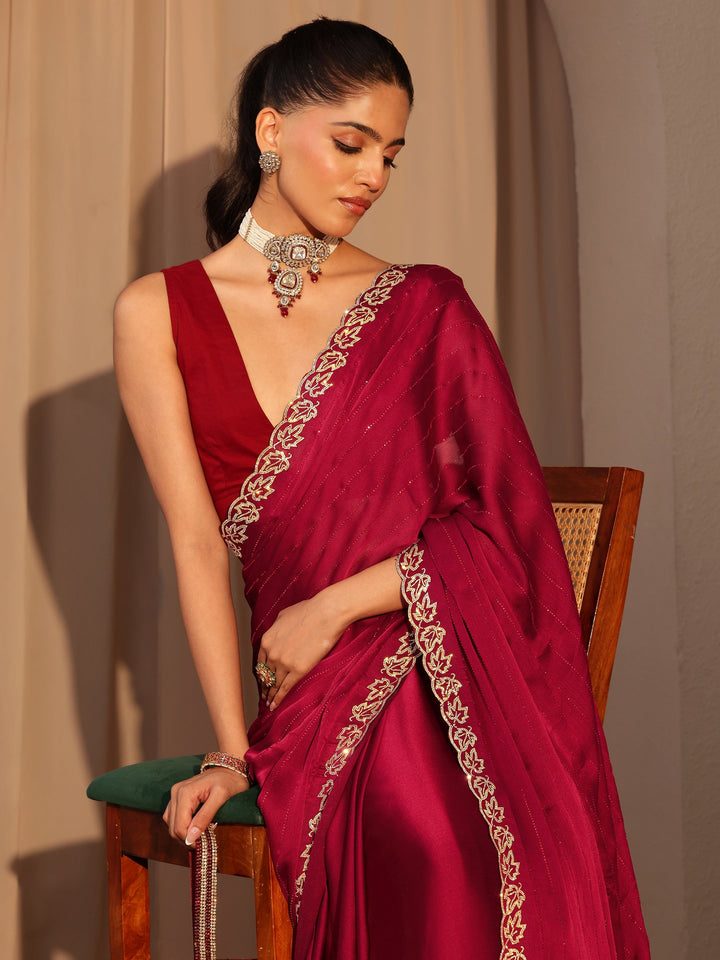 Libas Vermillion Red Embellished Chiffon Saree