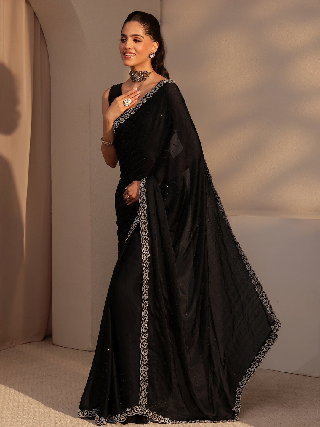 Libas Black Embellished Chiffon Saree
