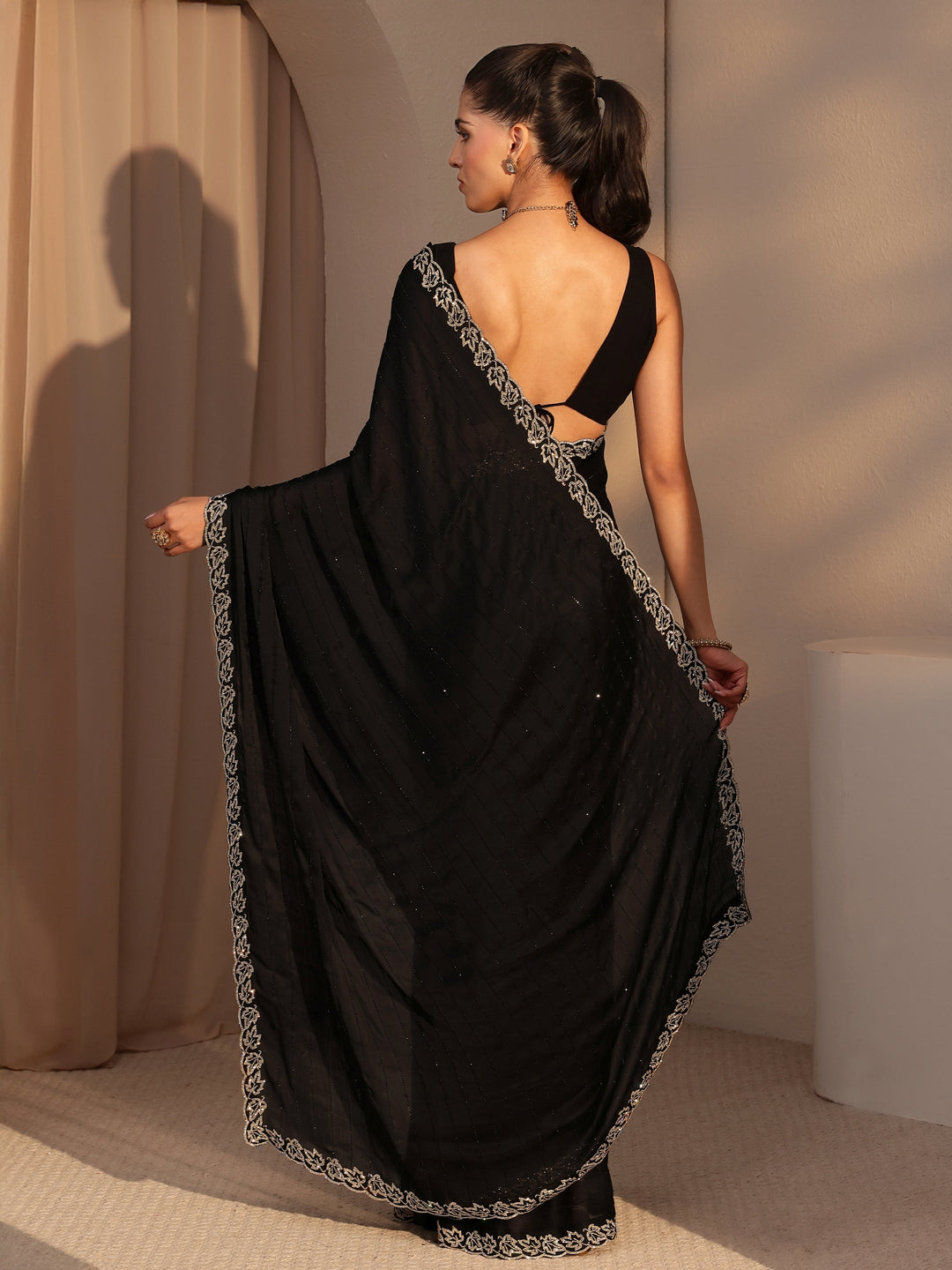 Libas Black Embellished Chiffon Saree