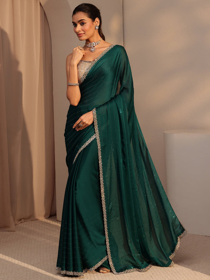 Libas Bottle Green Embellished Chiffon Saree