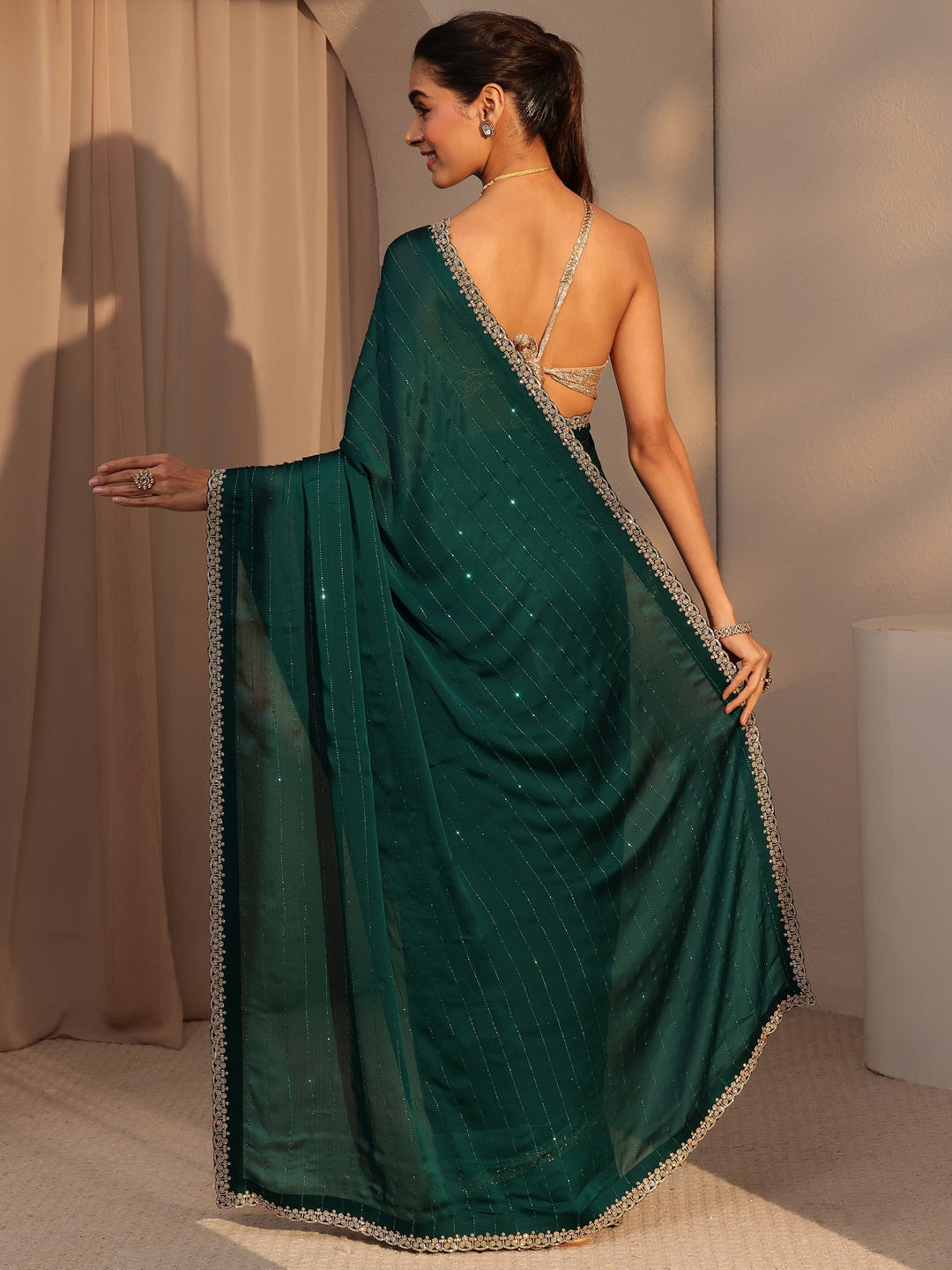 Libas Bottle Green Embellished Chiffon Saree