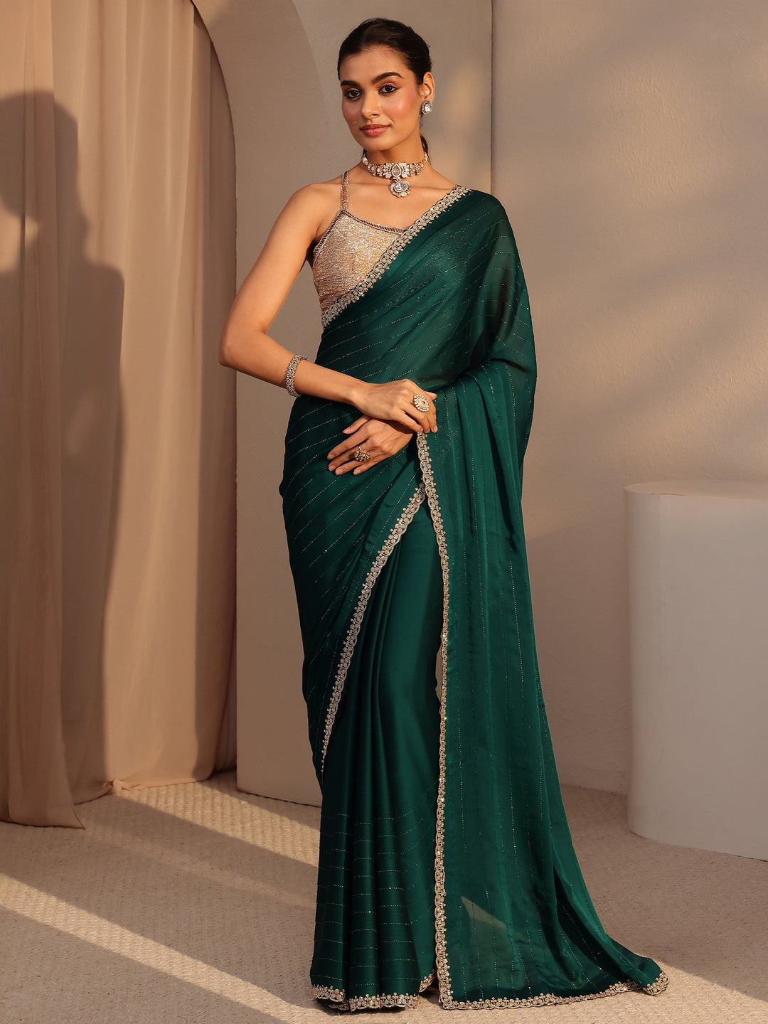 Libas Bottle Green Embellished Chiffon Saree