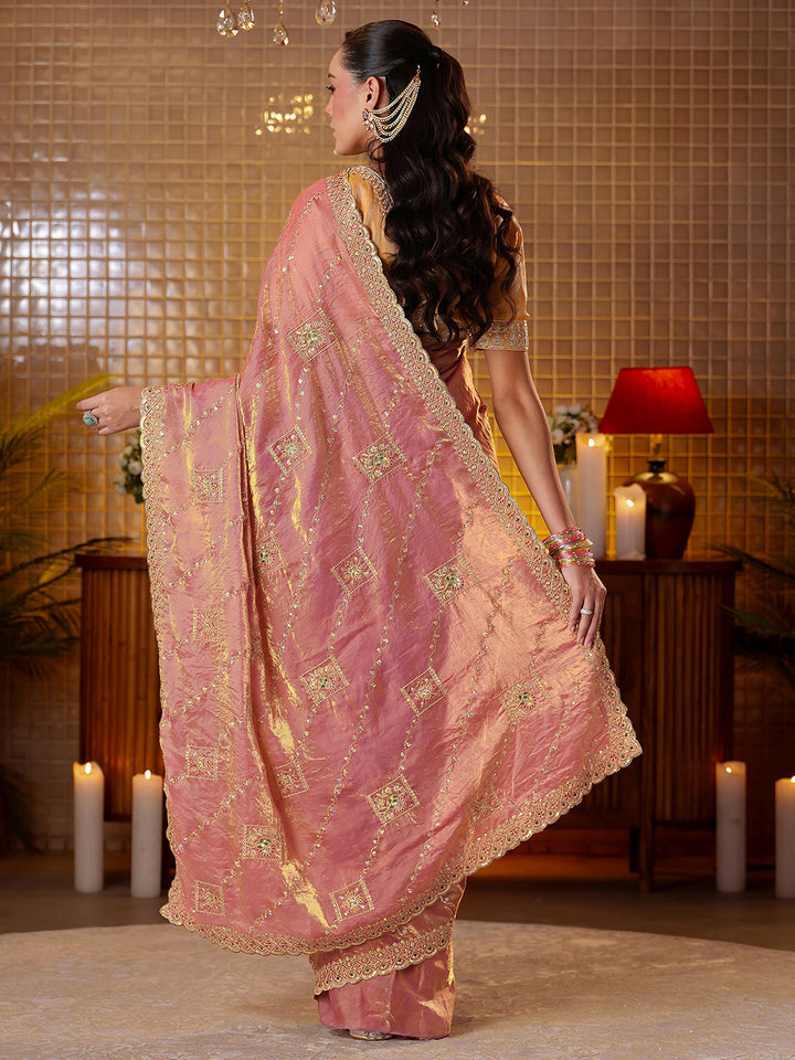 Libas Peach Ethnic Motif Embroidered Tissue Saree