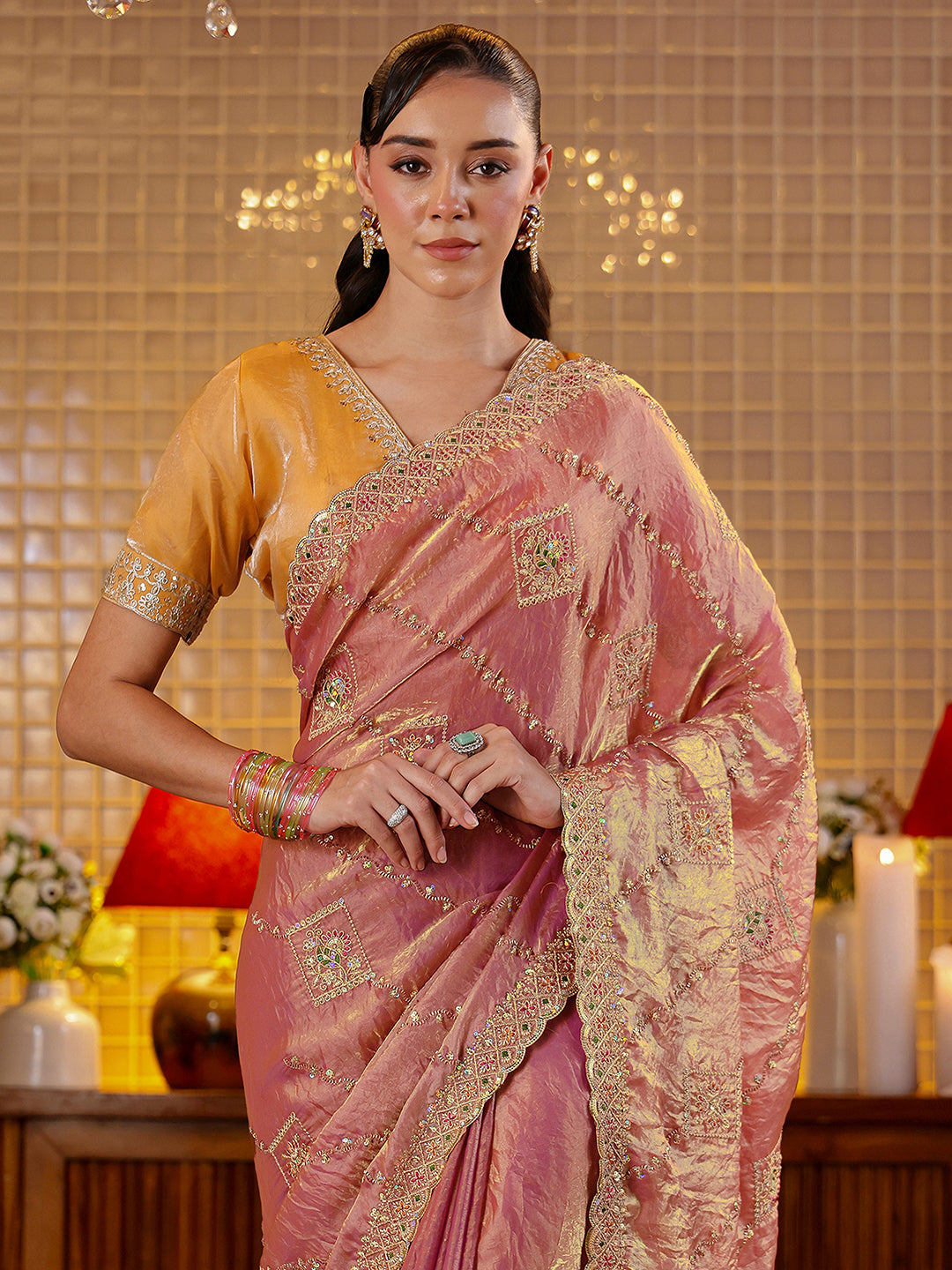 Libas Peach Ethnic Motif Embroidered Tissue Saree