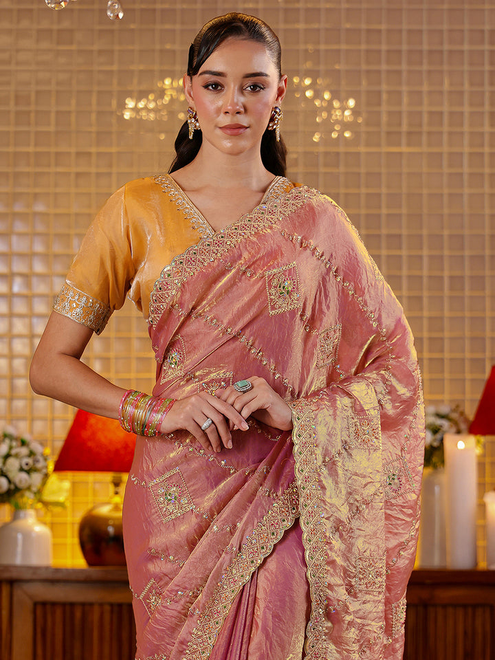 Libas Peach Ethnic Motif Embroidered Tissue Saree