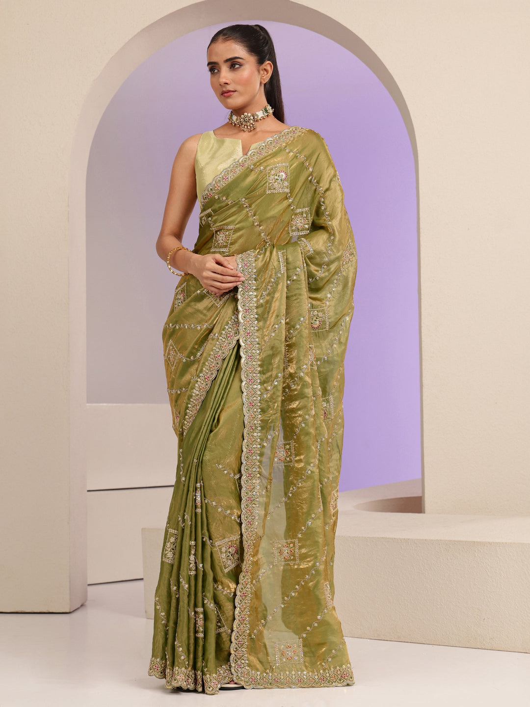 Libas Olive Green Ethnic Embroidered Tissue Saree