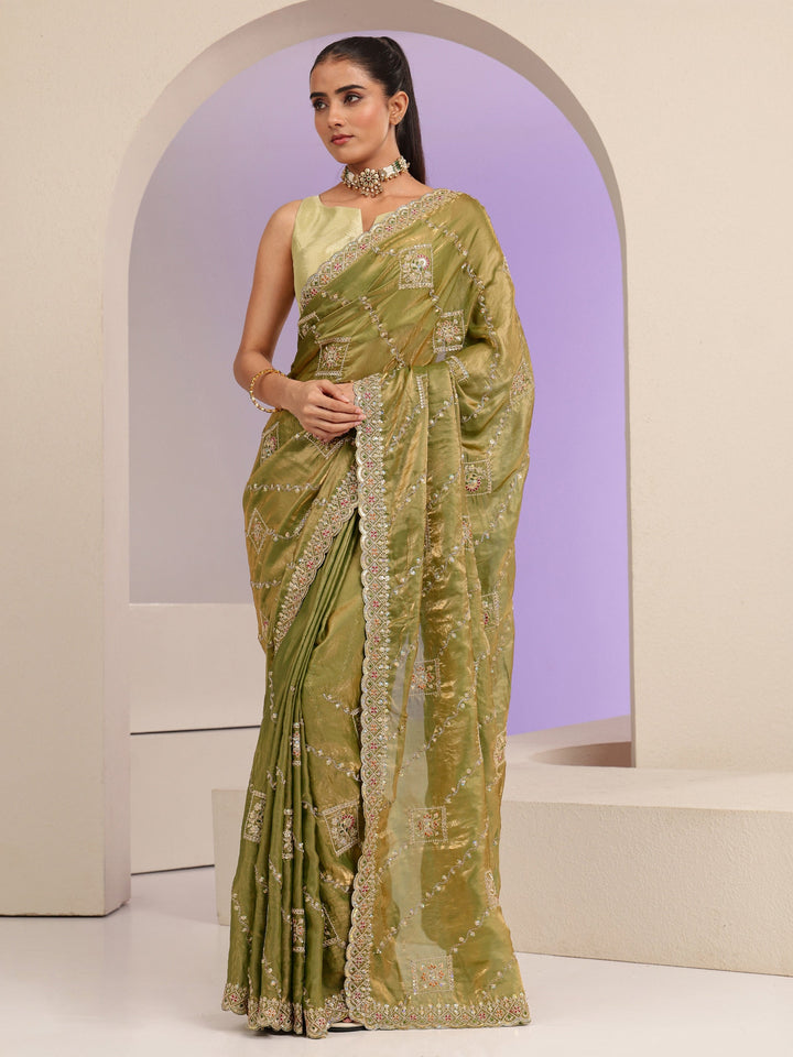 Libas Olive Green Ethnic Embroidered Tissue Saree