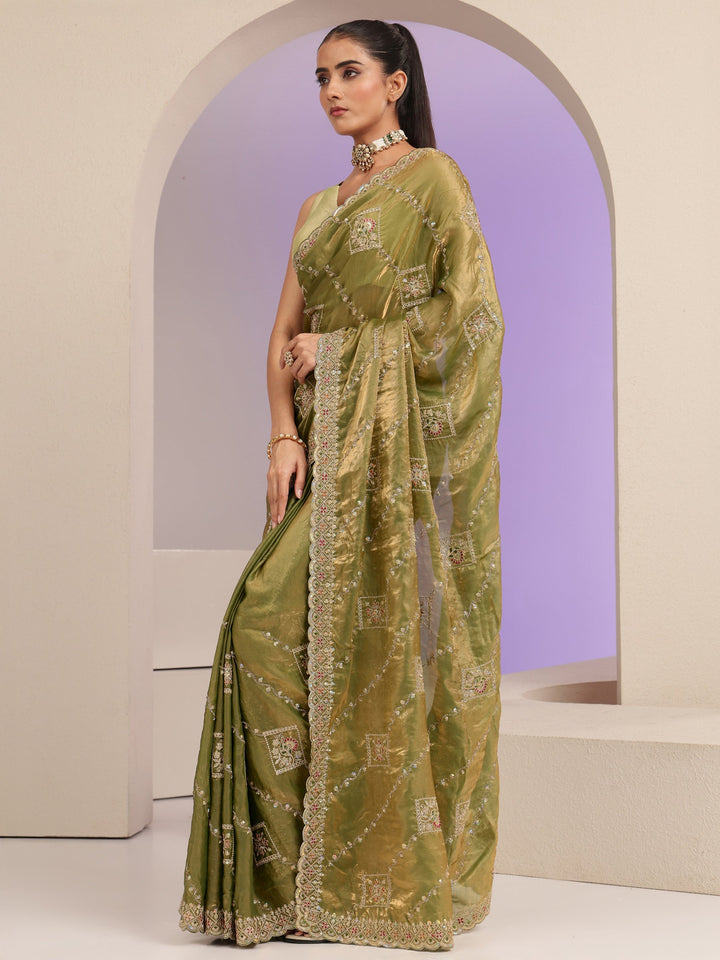 Libas Olive Green Ethnic Embroidered Tissue Saree