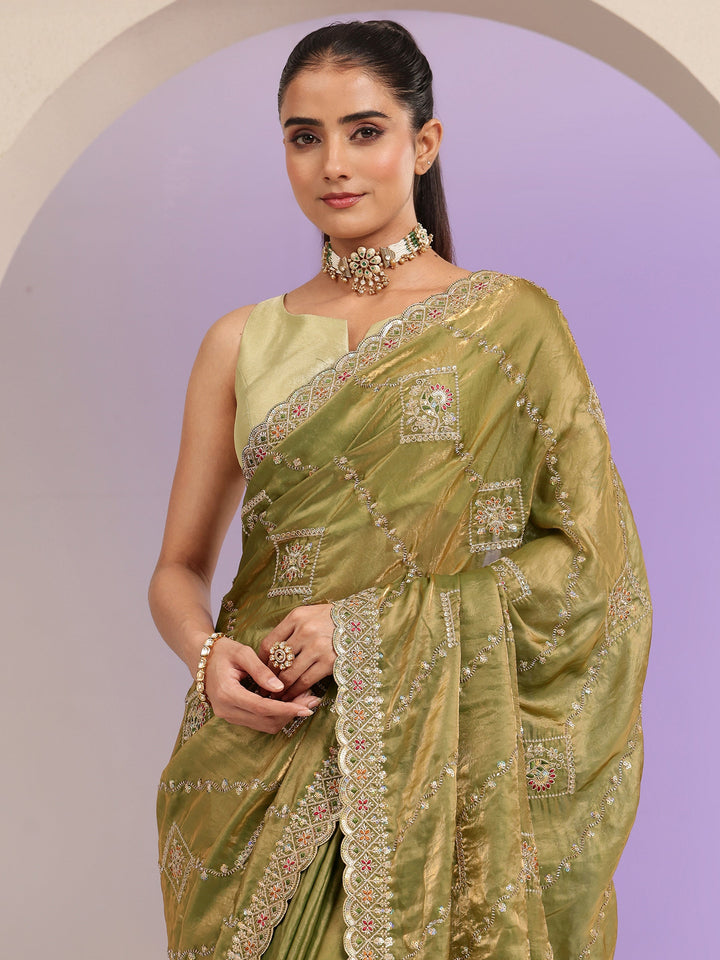 Libas Olive Green Ethnic Embroidered Tissue Saree