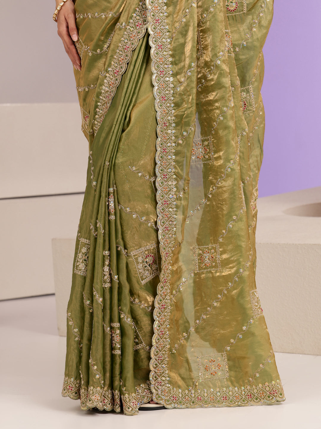 Libas Olive Green Ethnic Embroidered Tissue Saree