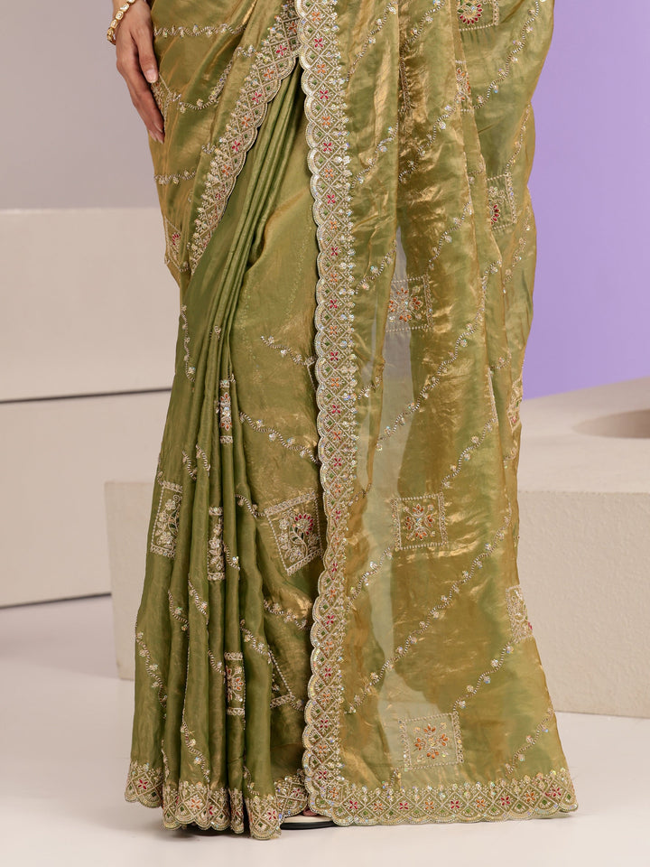 Libas Olive Green Ethnic Embroidered Tissue Saree