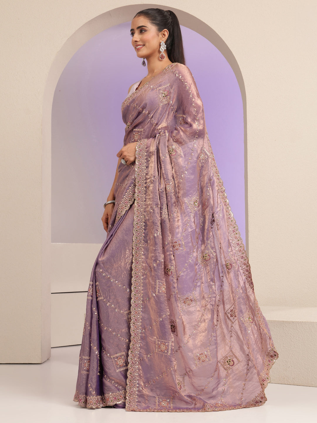 Libas Lavender Ethnic Embroidered Tissue Saree