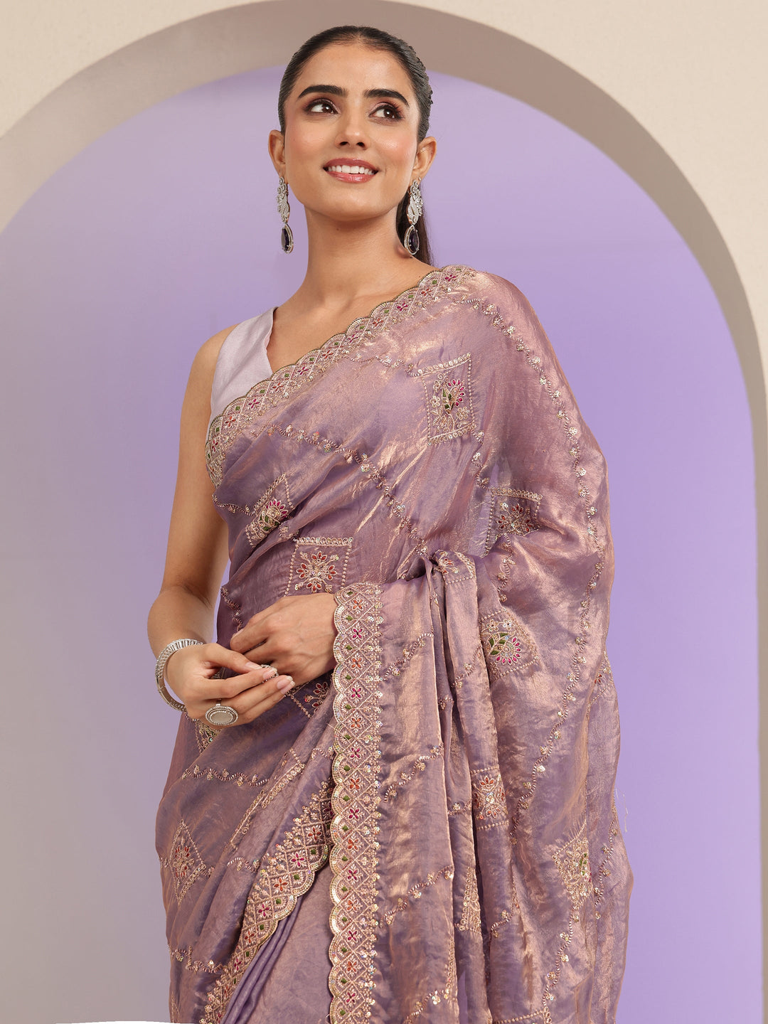 Libas Lavender Ethnic Embroidered Tissue Saree