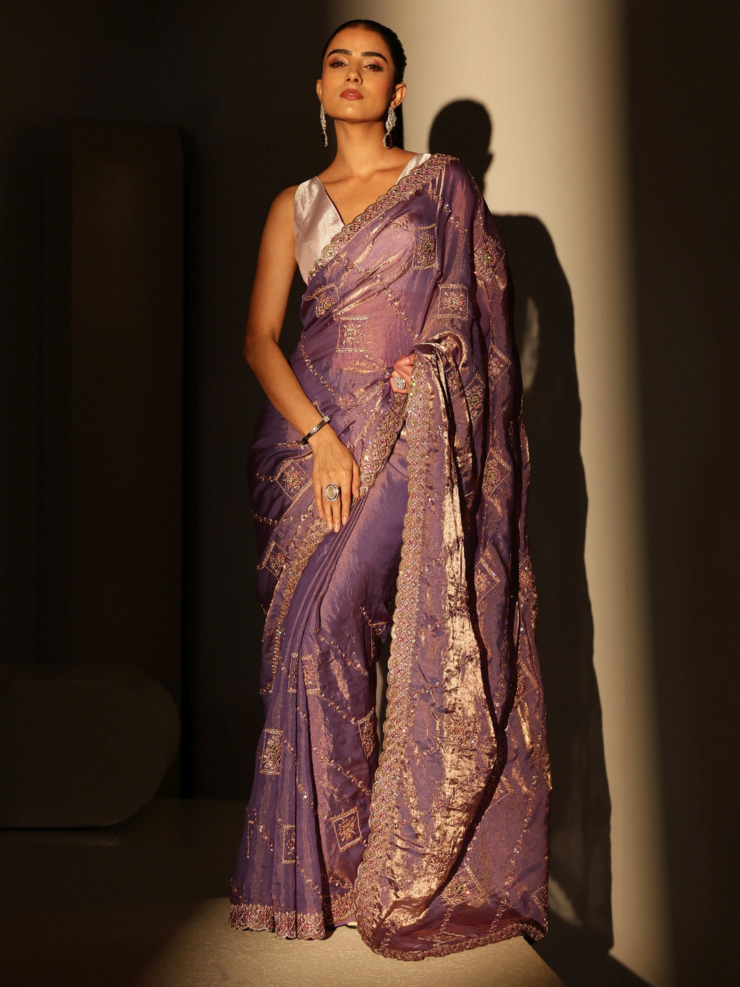 Libas Lavender Ethnic Embroidered Tissue Saree