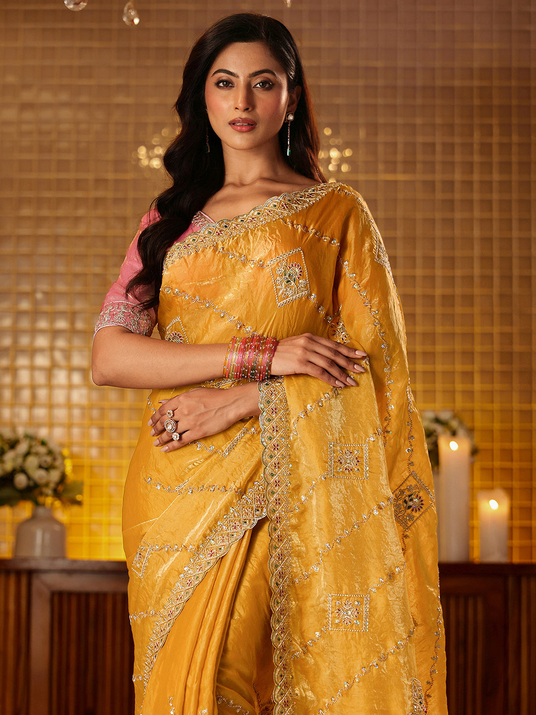 Libas Mustard Ethnic Motif Embroidered Tissue Saree
