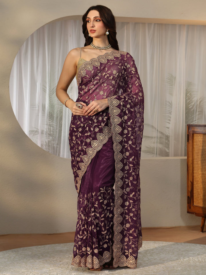 Libas Burgundy Floral Embellished Net Saree