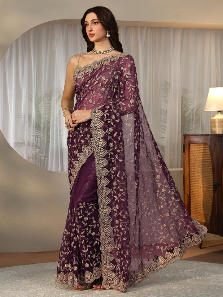 Libas Burgundy Floral Embellished Net Saree