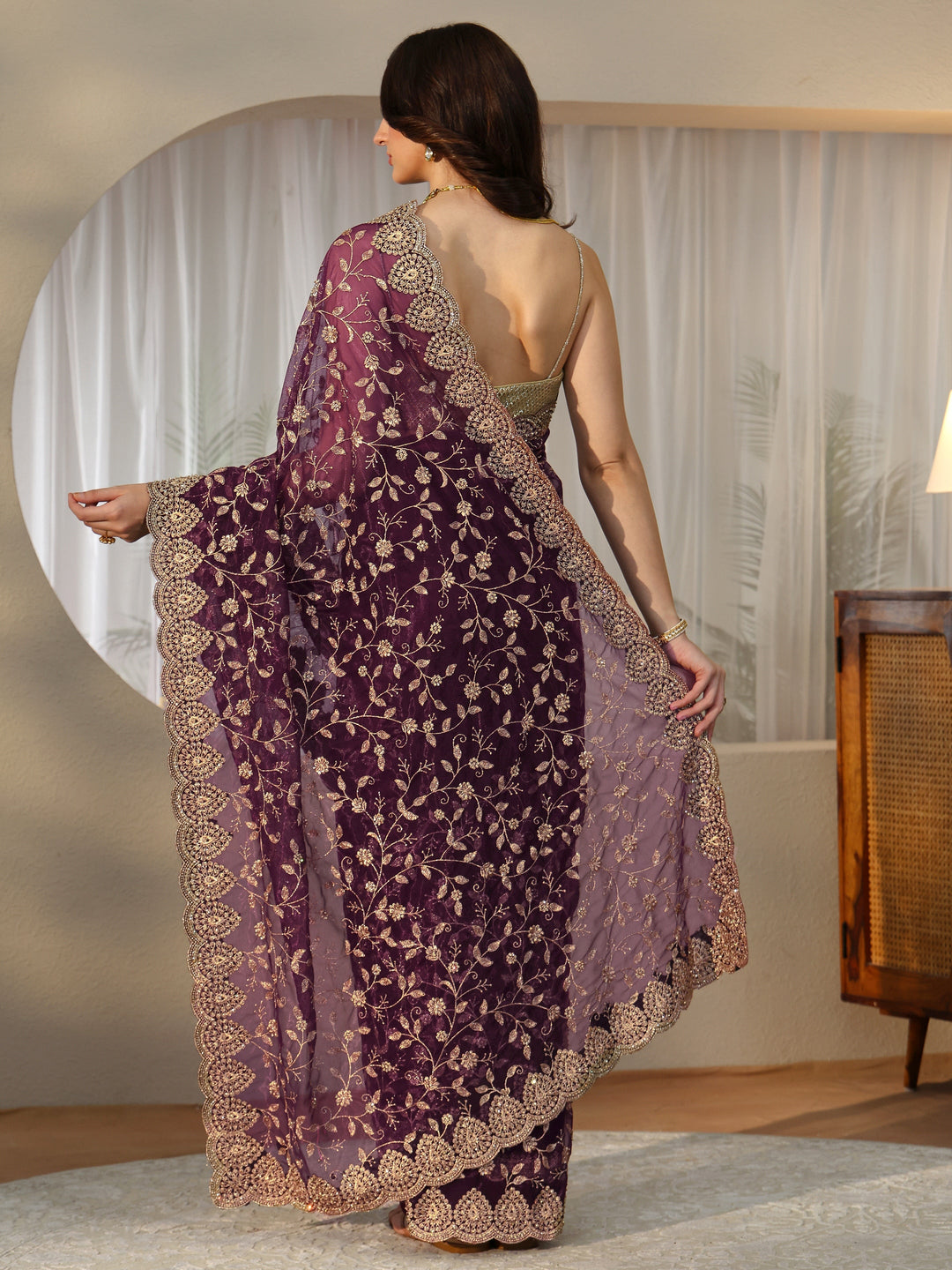 Libas Burgundy Floral Embellished Net Saree