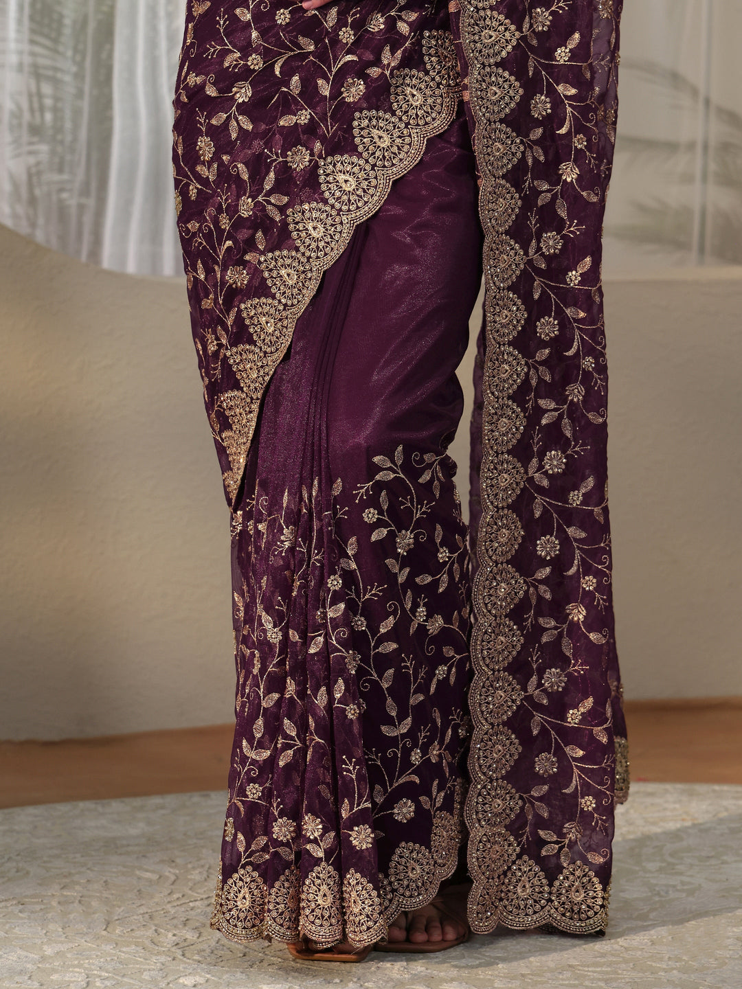 Libas Burgundy Floral Embellished Net Saree