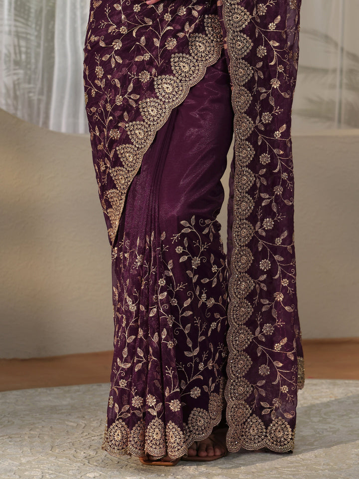 Libas Burgundy Floral Embellished Net Saree