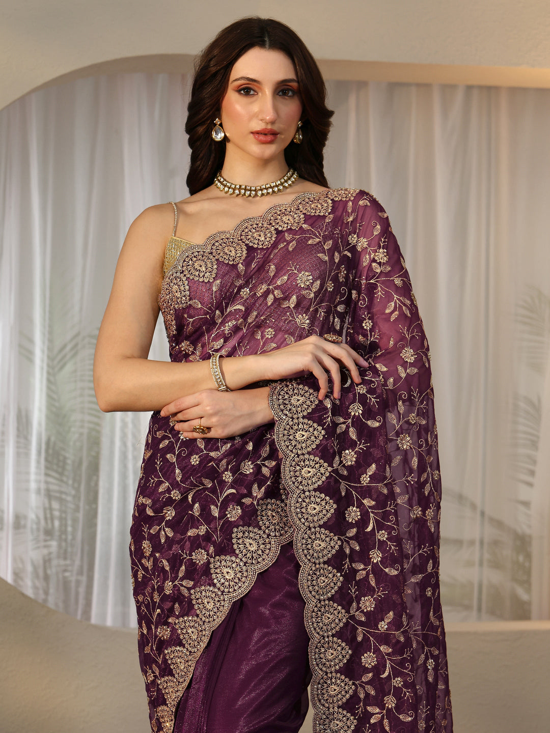Libas Burgundy Floral Embellished Net Saree
