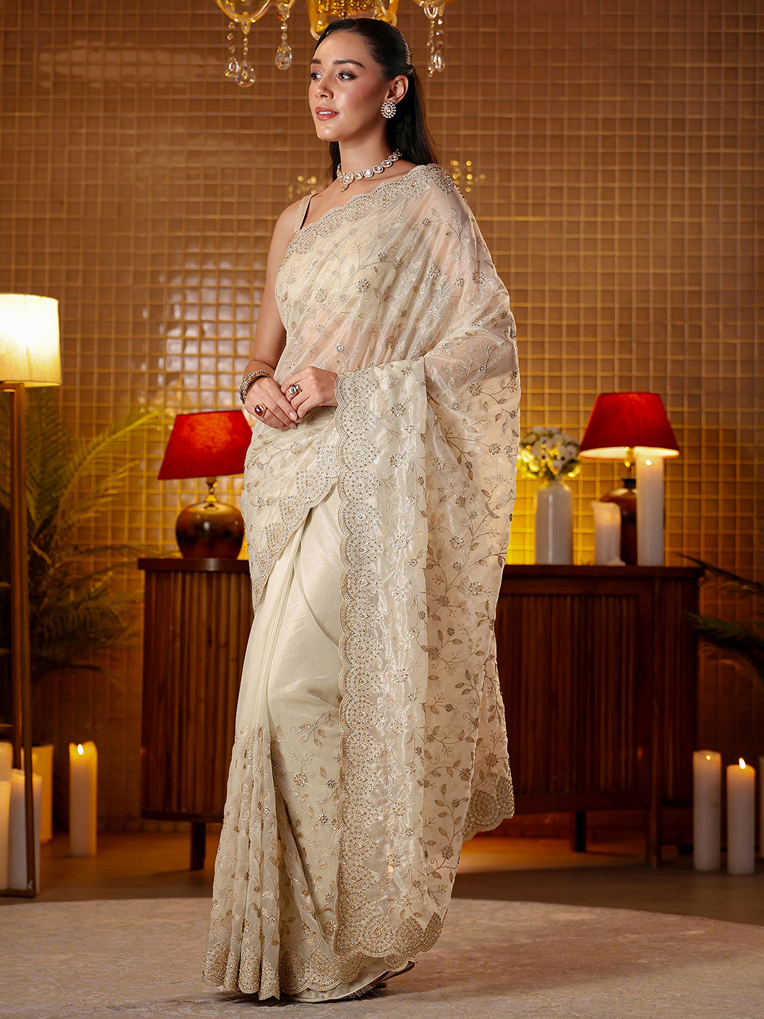 Libas Cream Floral Embroidered Net Saree