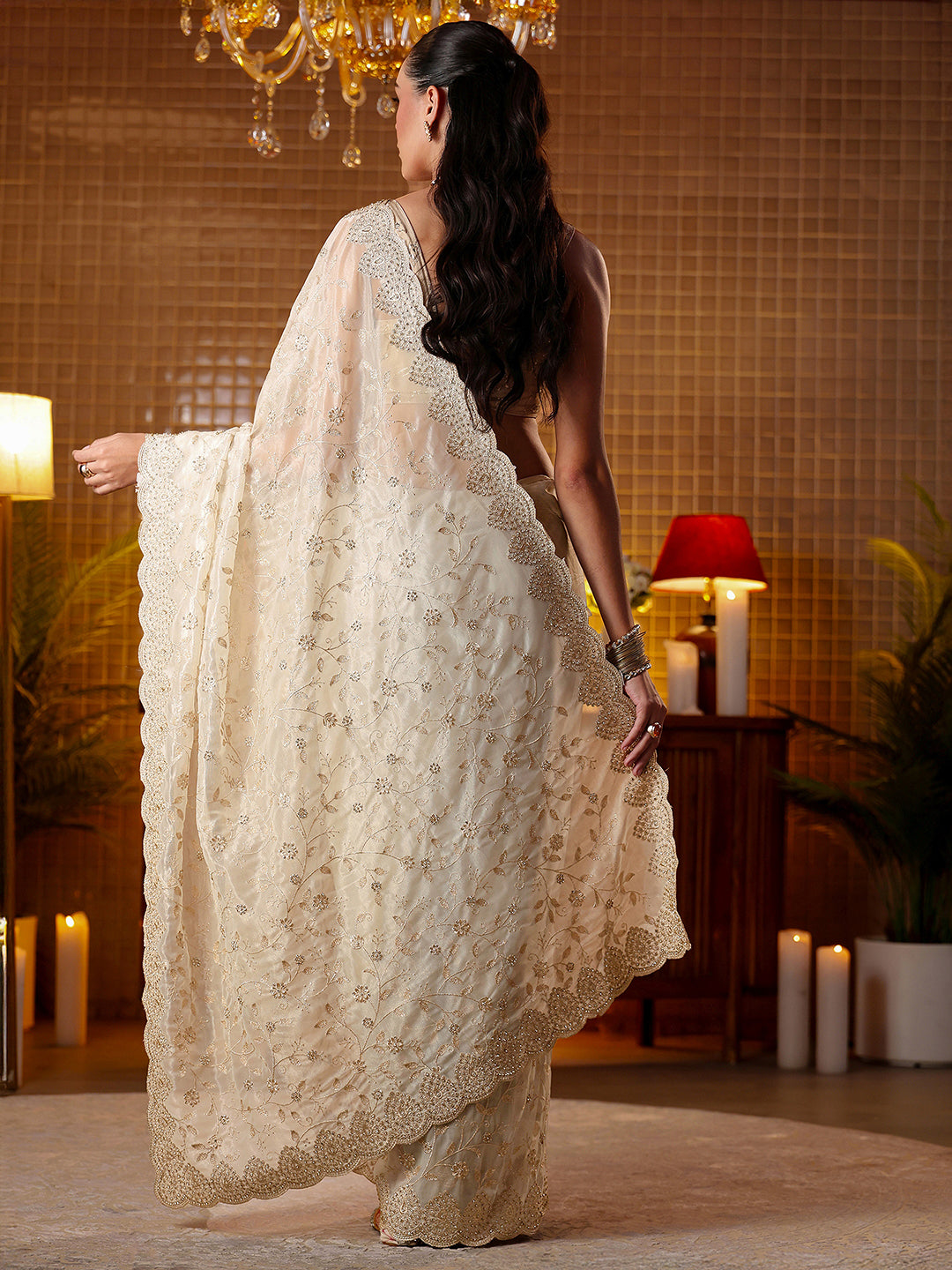Libas Cream Floral Embroidered Net Saree