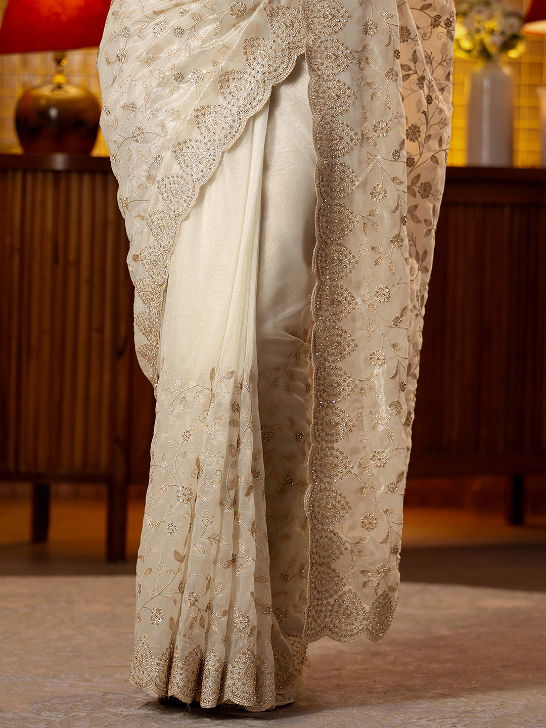 Libas Cream Floral Embroidered Net Saree
