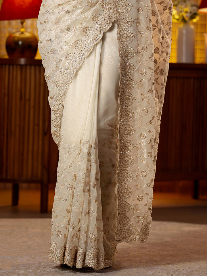 Libas Cream Floral Embroidered Net Saree