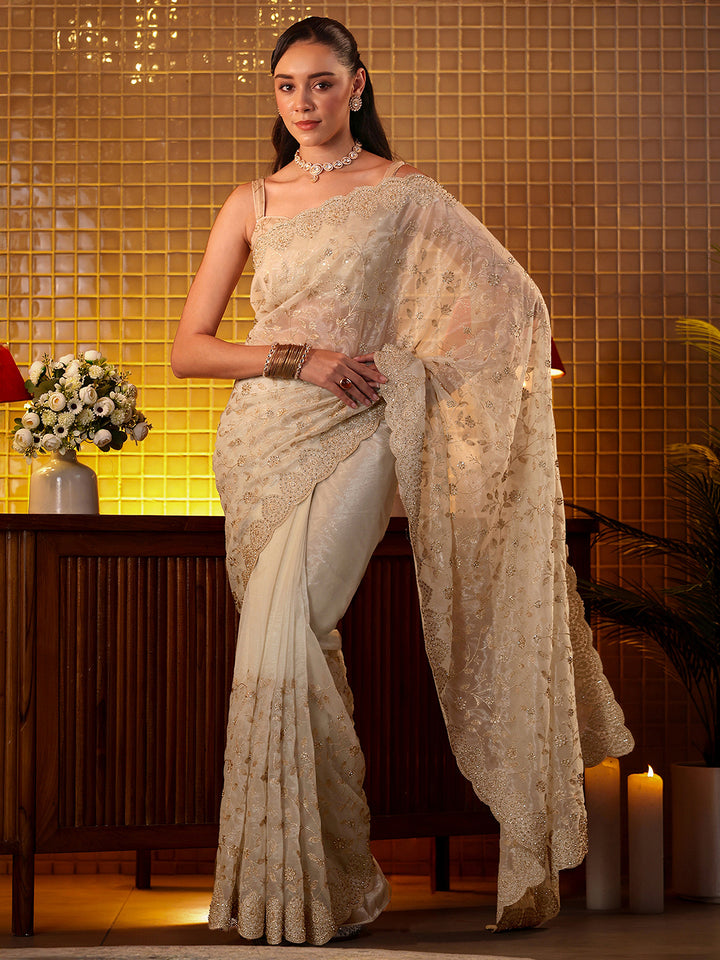 Libas Cream Floral Embroidered Net Saree