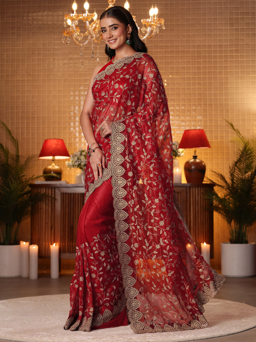 Libas Red Floral Embroidered Net Saree