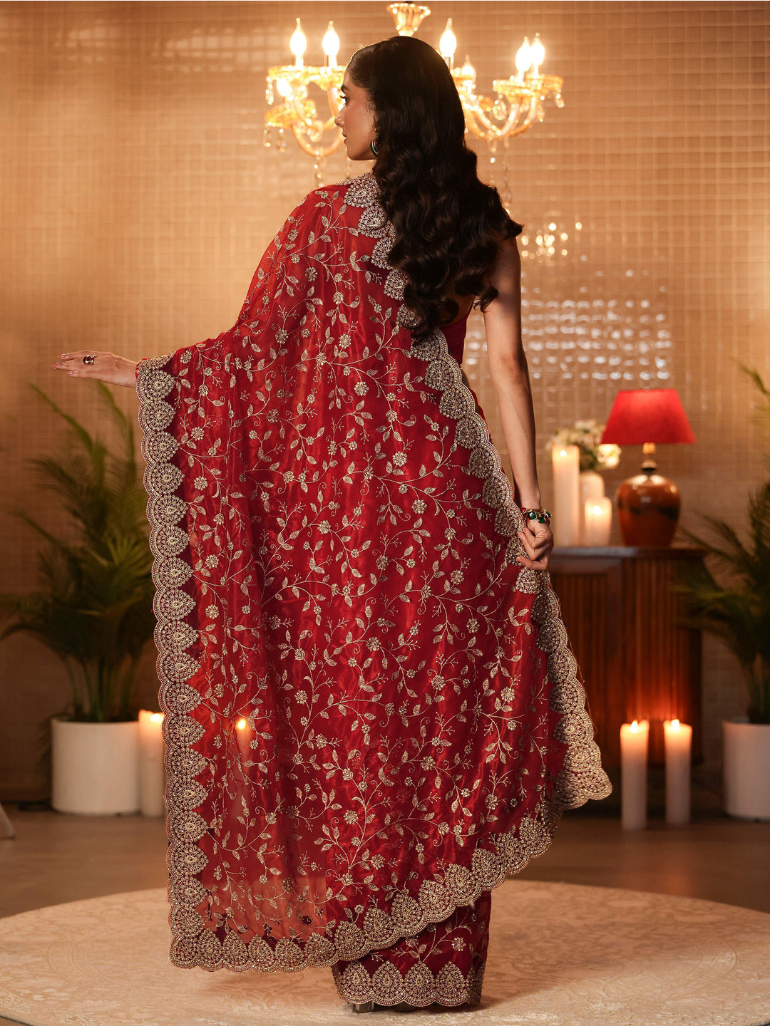 Libas Red Floral Embroidered Net Saree