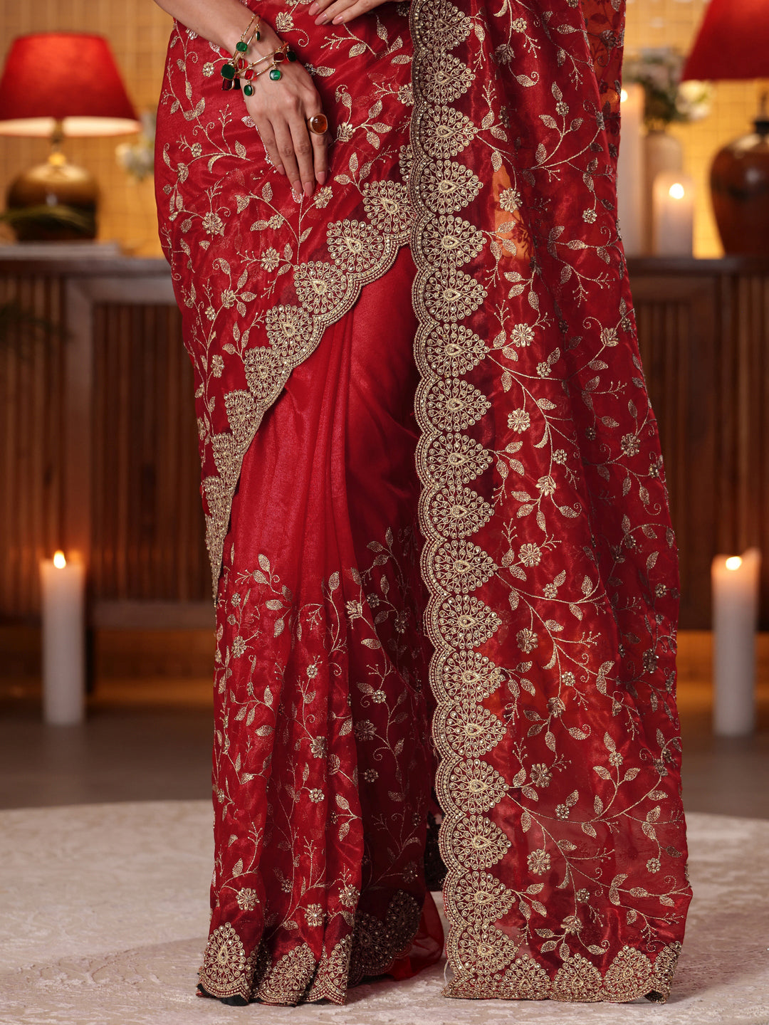 Libas Red Floral Embroidered Net Saree
