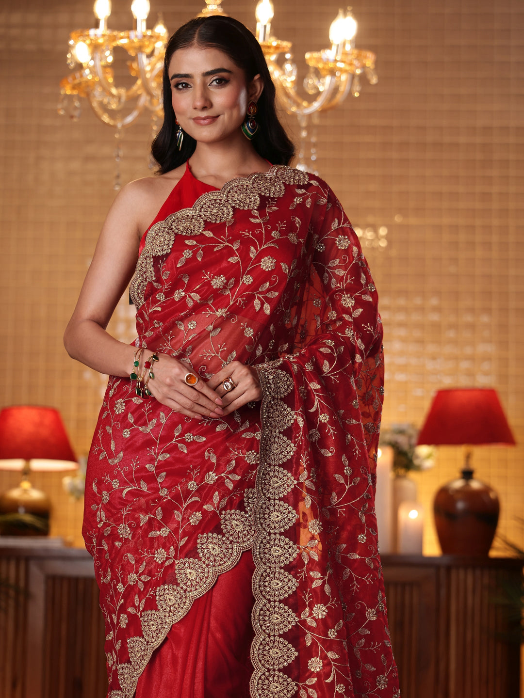 Libas Red Floral Embroidered Net Saree