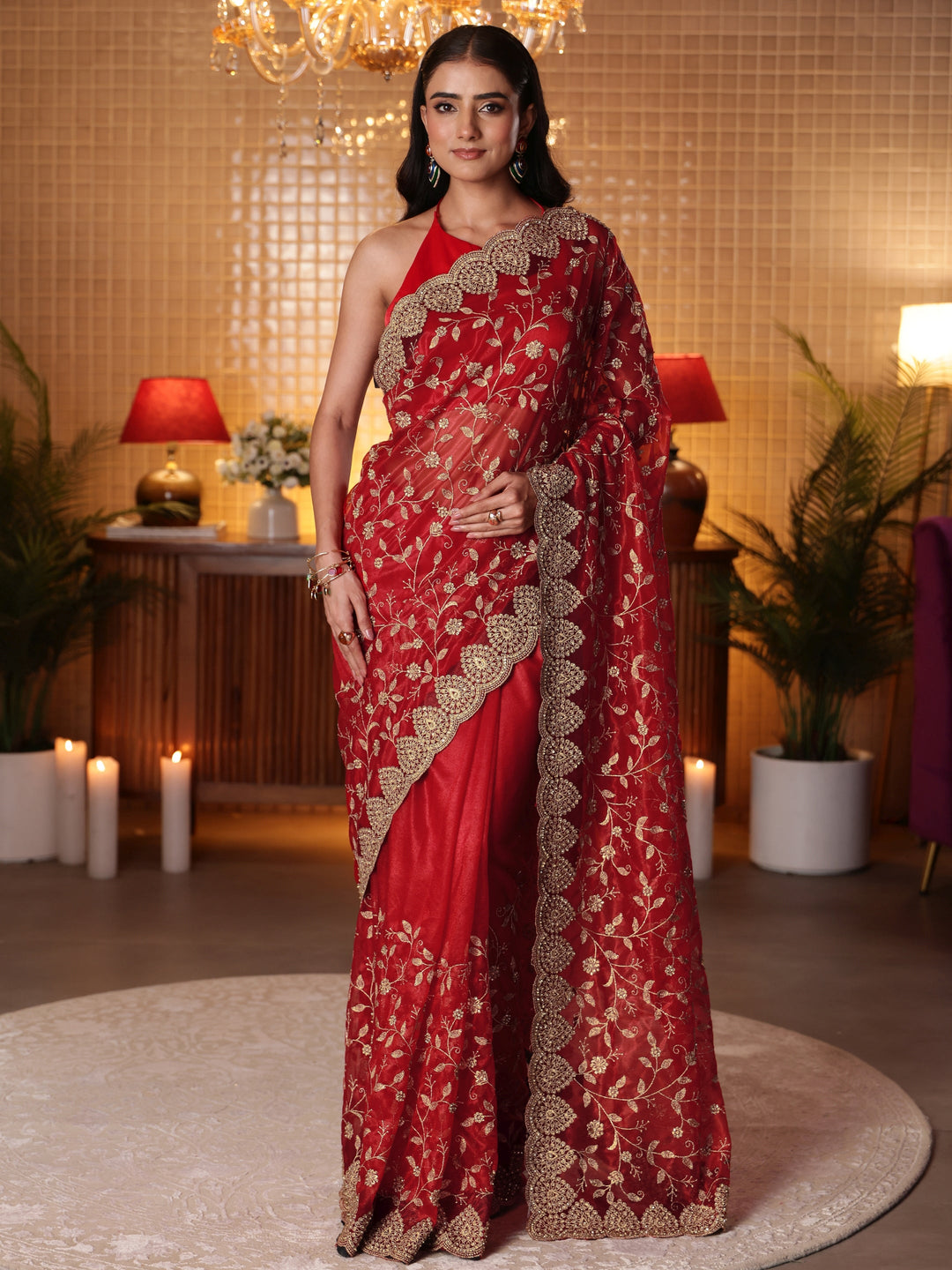 Libas Red Floral Embroidered Net Saree