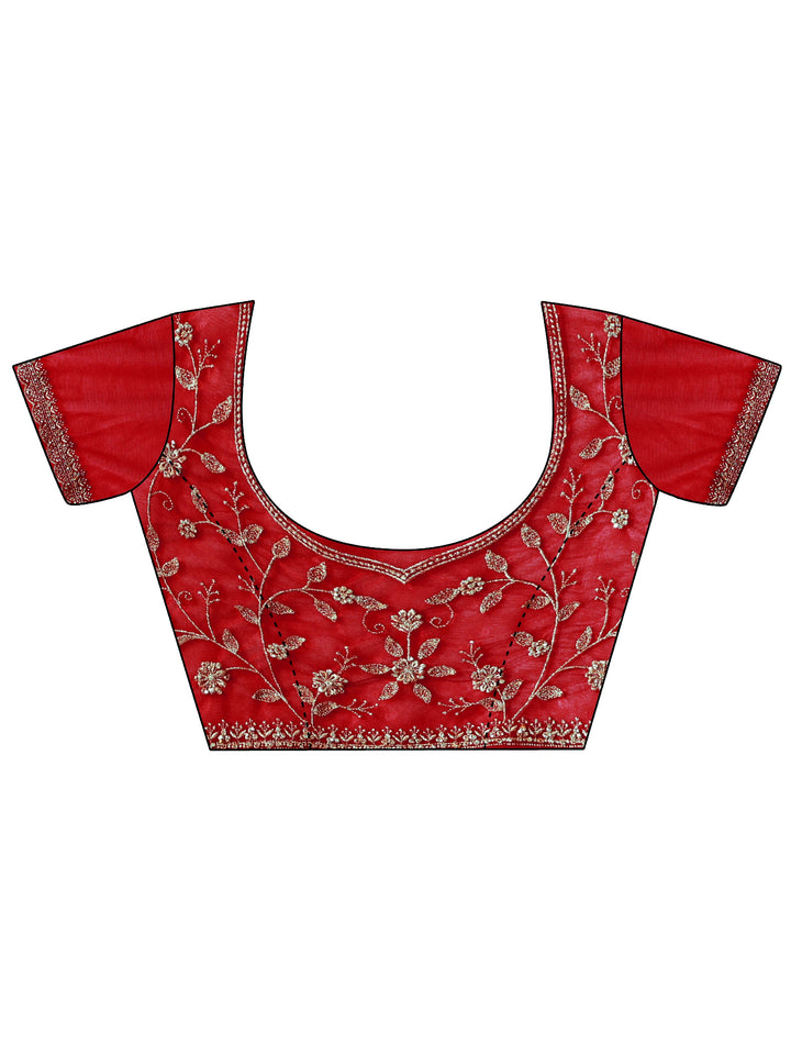 Libas Red Floral Embroidered Net Saree