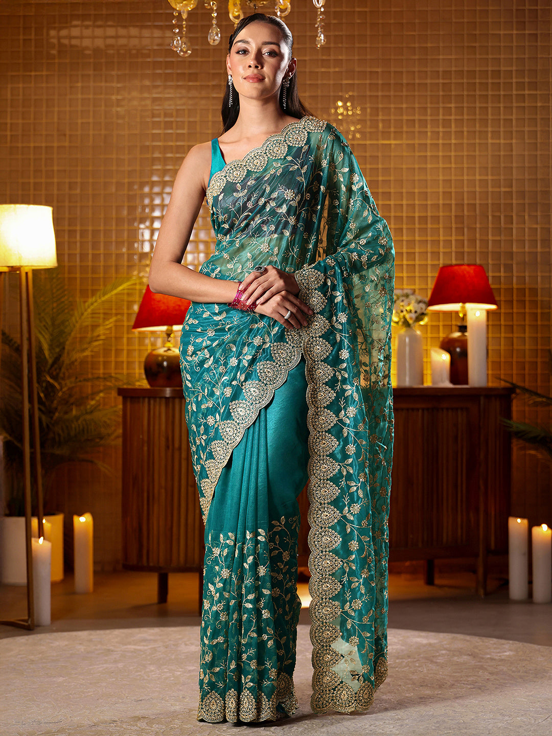 Libas Green Floral Embroidered Net Saree