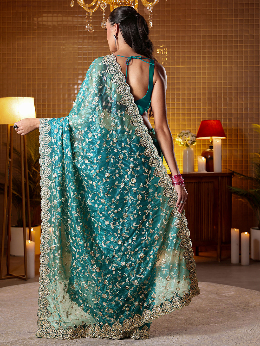 Libas Green Floral Embroidered Net Saree