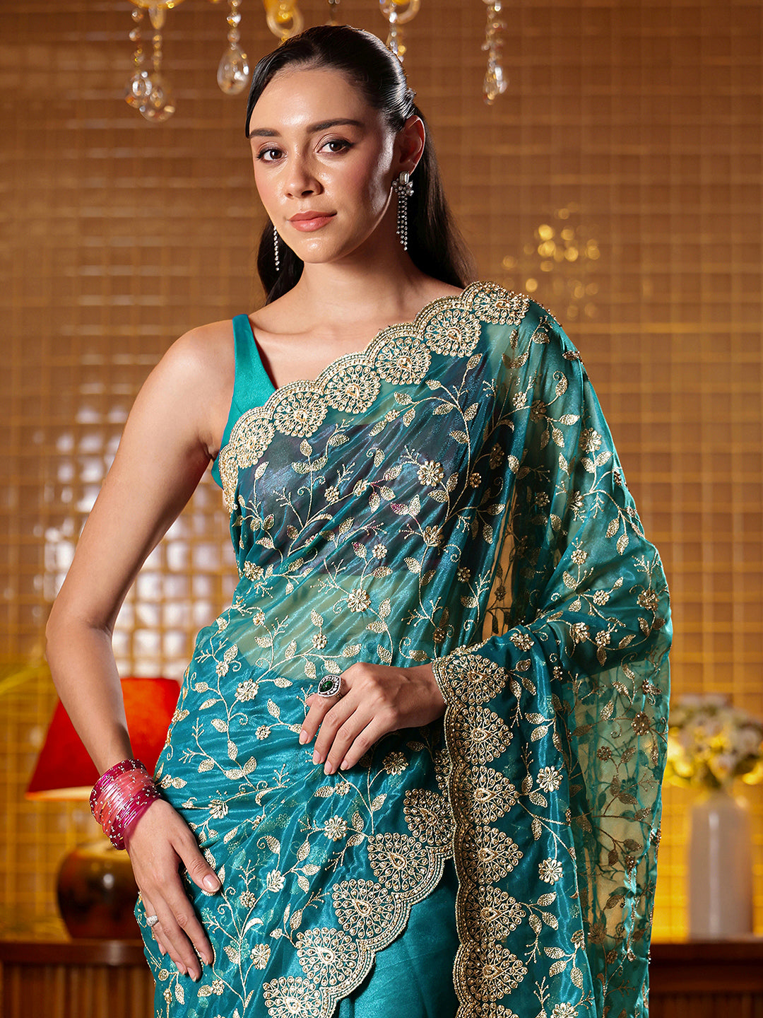 Libas Green Floral Embroidered Net Saree