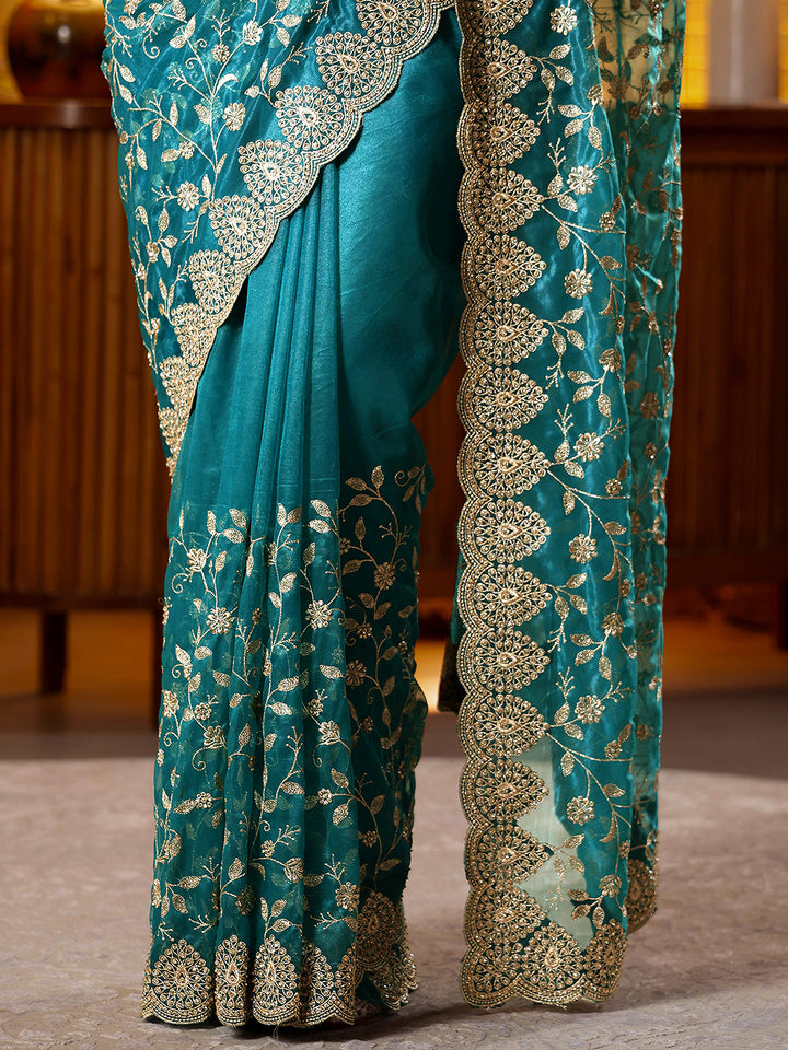 Libas Green Floral Embroidered Net Saree