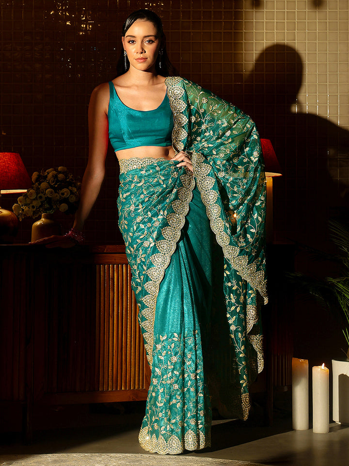 Libas Green Floral Embroidered Net Saree
