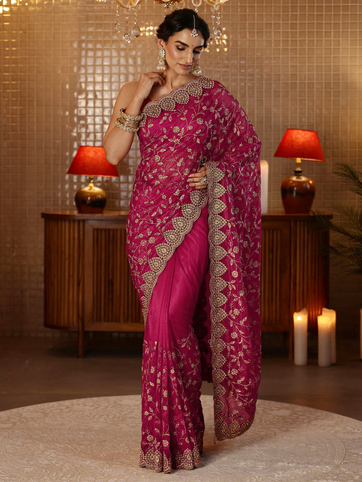Libas Rani Pink Floral Embroidered Net Saree