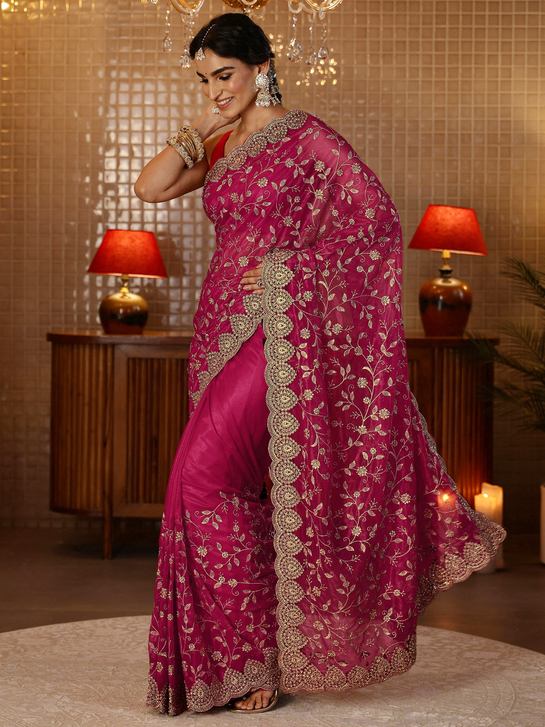 Libas Rani Pink Floral Embroidered Net Saree